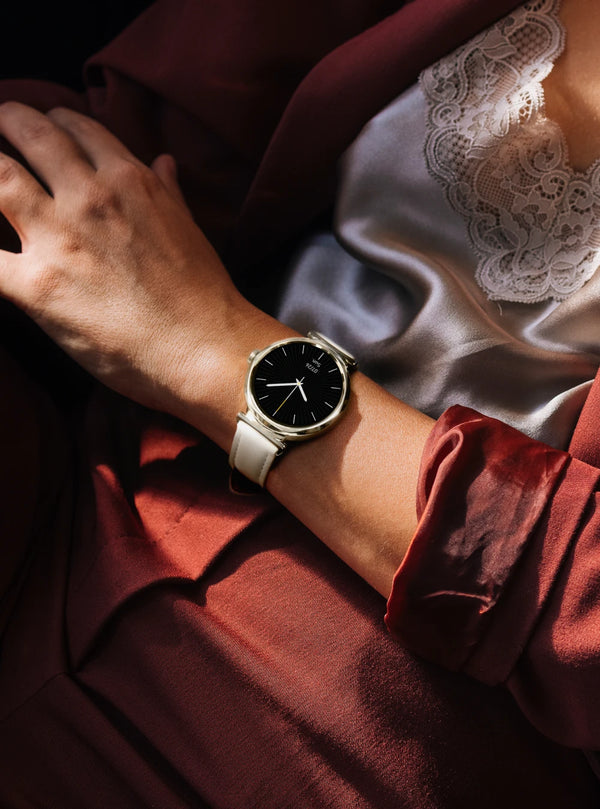 Runmefit GRACE Smart Watch for Women elegantly displayed on wrist with stylish attire.