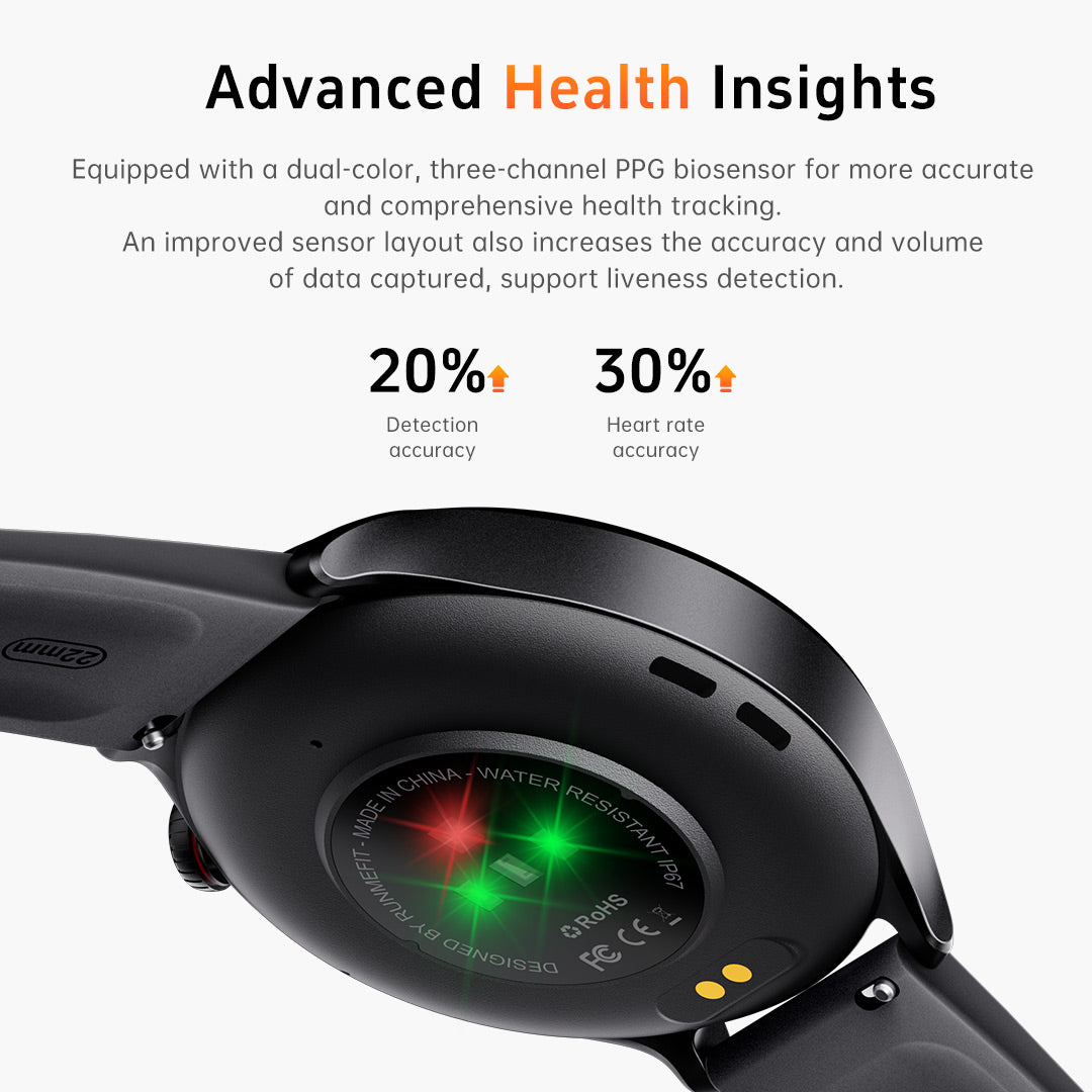Montre intelligente Runmefit GTR2 - Tracker de santé, de forme physique et d'activité, avec bouton de raccourci, bracelet en cuir