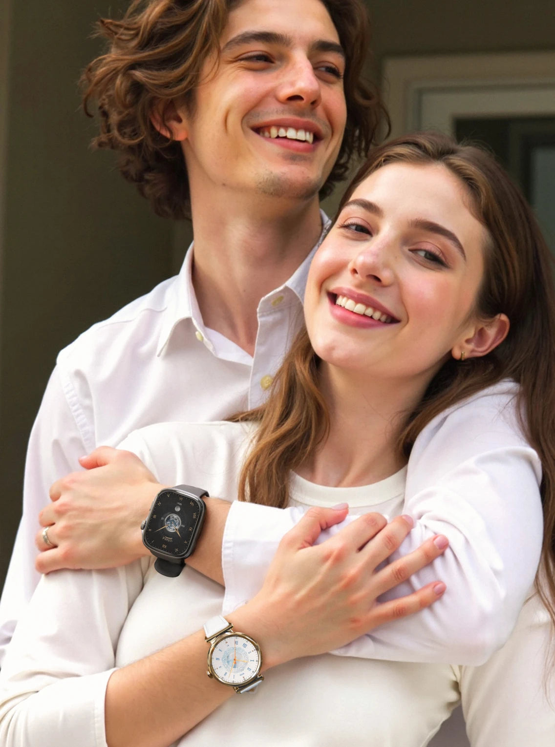 Dos mujeres llevan relojes Runmefit GRACE junto al lago.